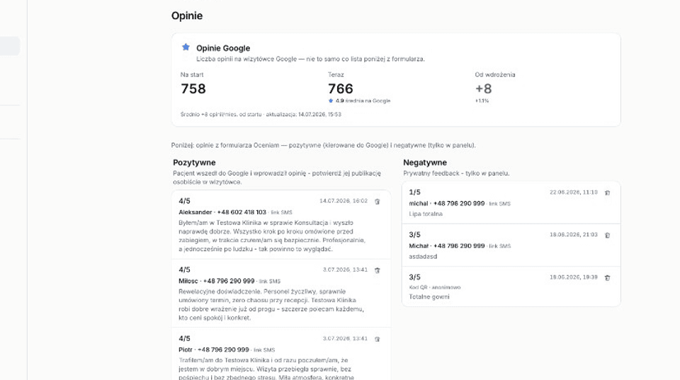 Oceniam.app - śledzenie opinii Google i feedbacku pacjentów