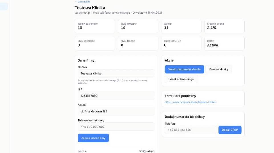 Oceniam.app - zarządzanie klinikami, SMS i billingiem