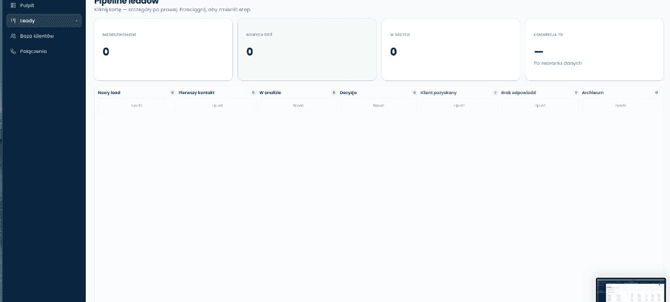 CRM StopChwilówki - kanban leadów z etapami sprzedaży